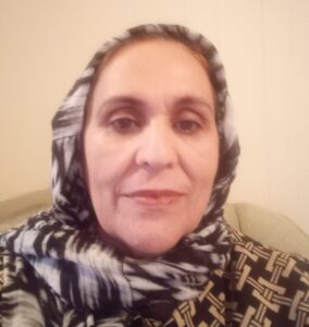 Close-up of Fahima in a patterned head scarf